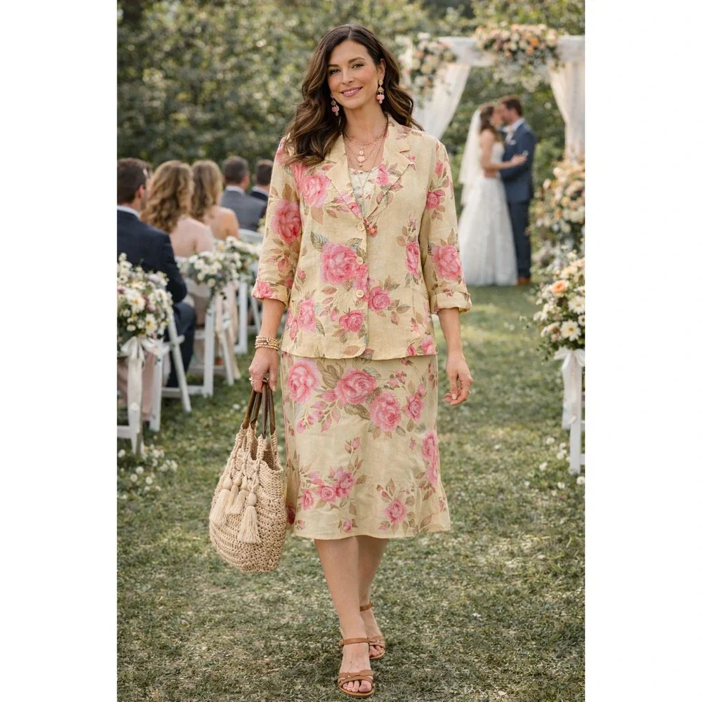 Boho Cottagecore Y2K 90s Yellow Pink Rose Floral LinenBlend‎ Blazer/Skirt 14 Set